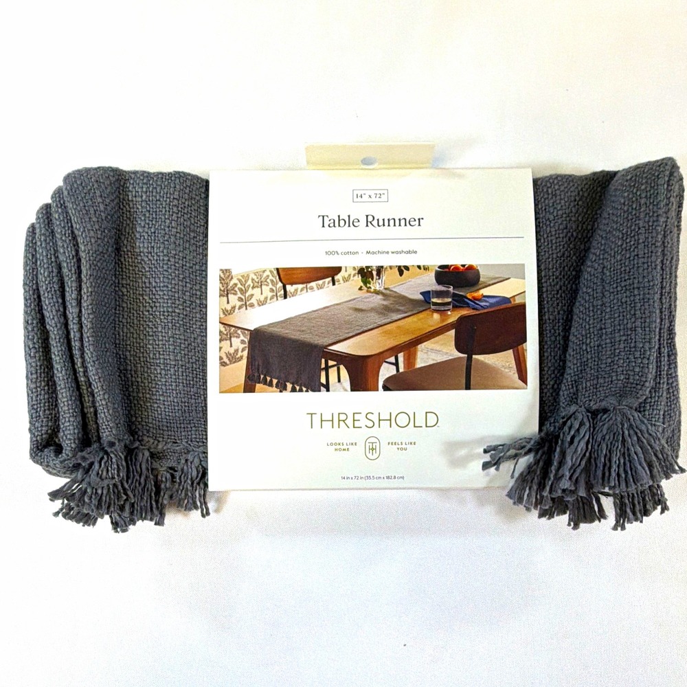 Threshold Gray Solid Table Runner 14x72 100% Cotton Textured Tassels NEW